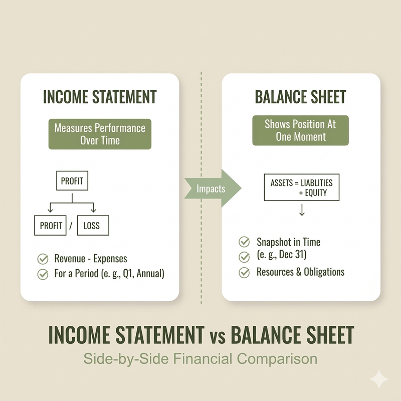 Income Statement vs Balance Sheet comparison showing key differences between the two financial statements