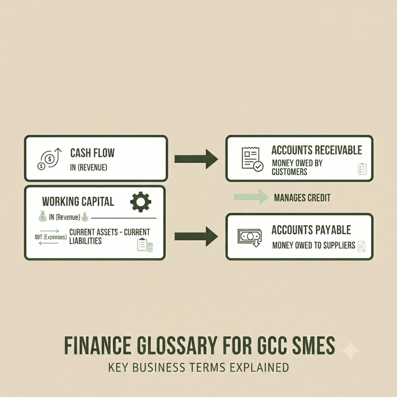 Finance glossary infographic showing cash flow, working capital, accounts receivable and accounts payable