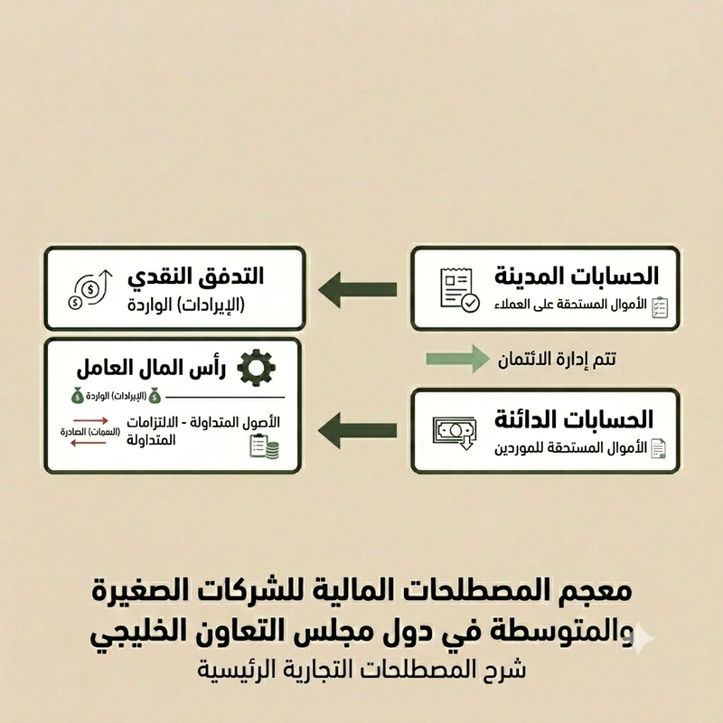 معجم المصطلحات المالية - التدفق النقدي ورأس المال العامل والذمم المدينة والدائنة
