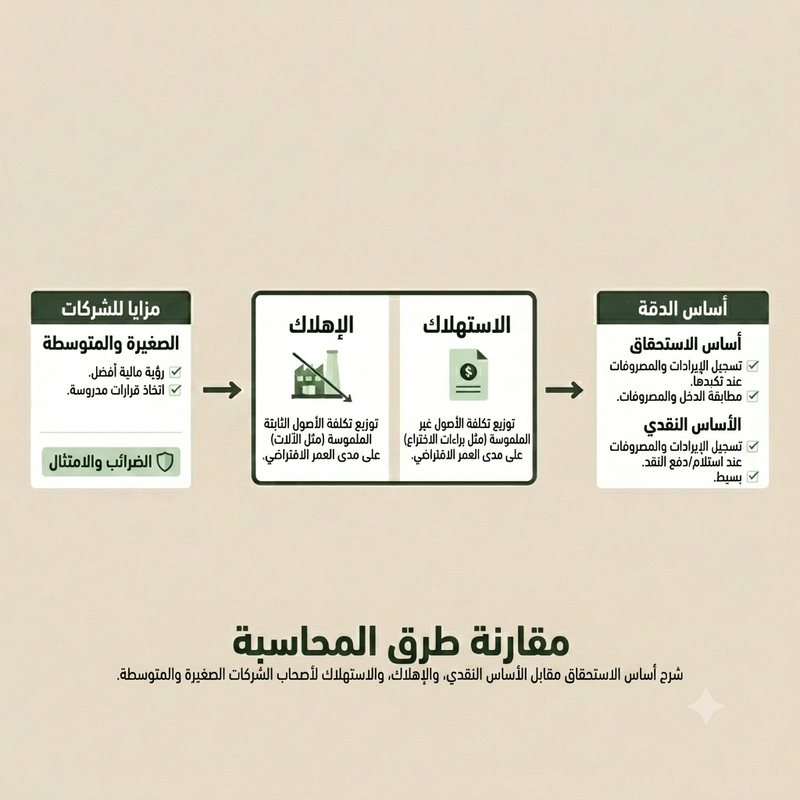 مقارنة طرق المحاسبة - أساس الاستحقاق مقابل الأساس النقدي والإهلاك والاستهلاك