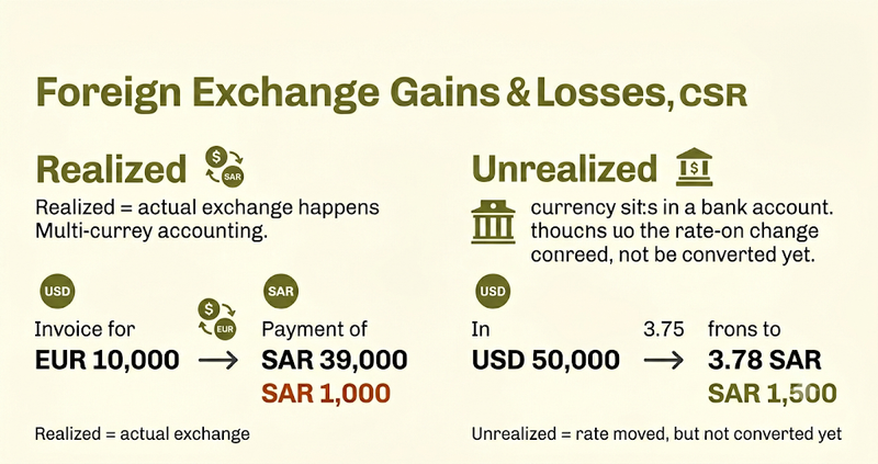 Multi-currency accounting showing realized vs unrealized foreign exchange gains and losses