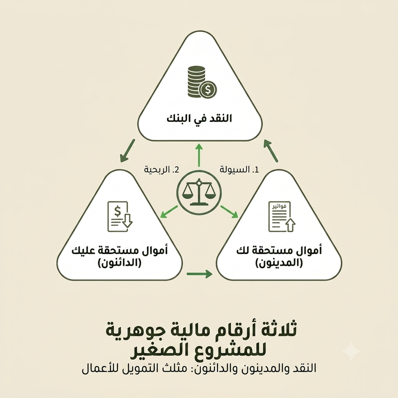 ثلاثة أرقام مالية أساسية: النقد في البنك، الأموال المستحقة لك (الذمم المدينة)، والأموال المستحقة عليك (الذمم الدائنة)
