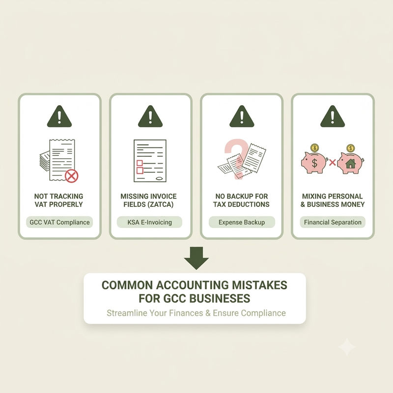 Common accounting mistakes for GCC businesses: not tracking VAT, missing invoice fields, no backup for deductions, mixing personal and business money