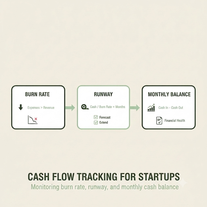 Cash Flow Tracking for Startups: Monitoring burn rate, runway, and monthly cash balance