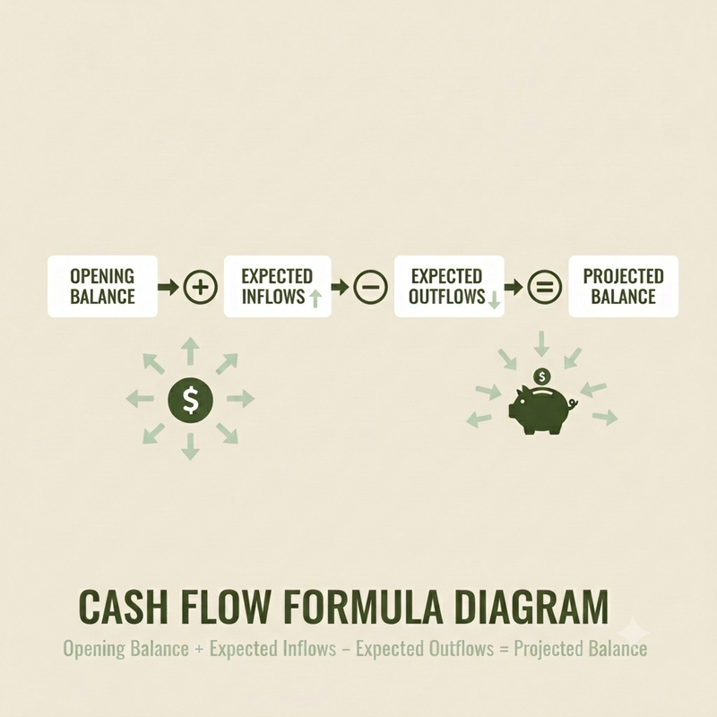Cash flow formula diagram showing balance calculation