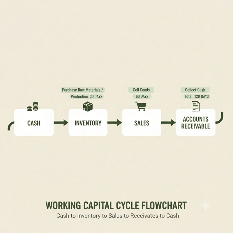 Working capital cycle from cash to inventory to sales to receivables