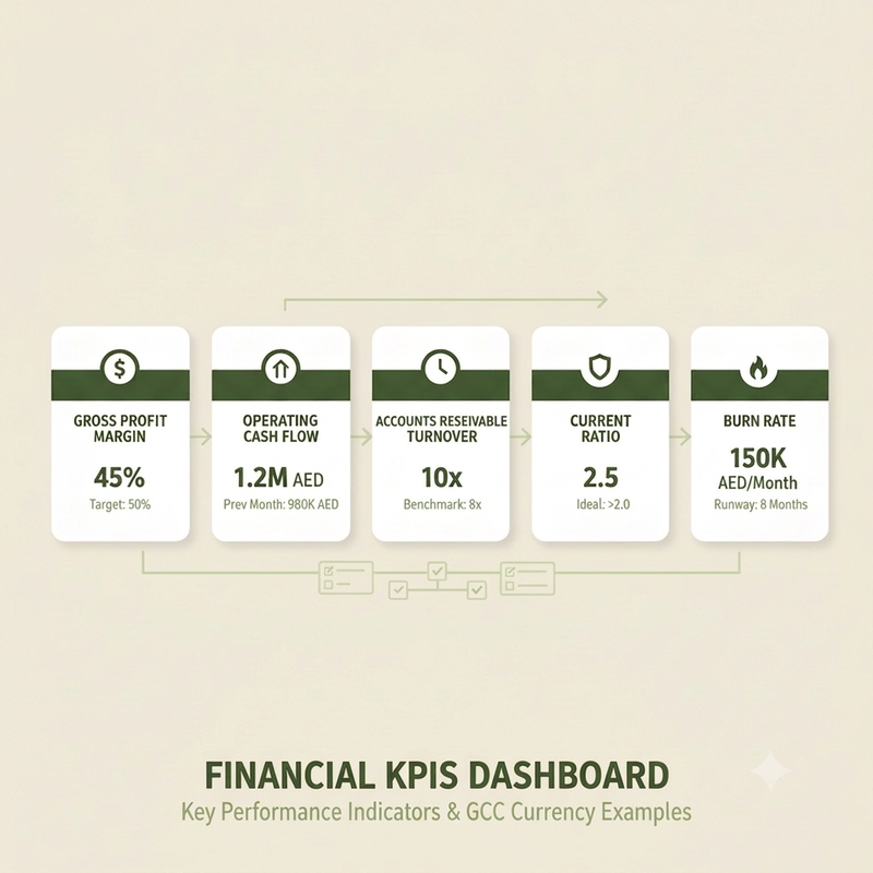 Financial KPIs dashboard showing gross profit margin, operating cash flow, accounts receivable turnover, current ratio, and burn rate