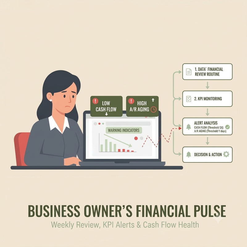 Business owner reviewing financial metrics on laptop with KPI alerts and warning indicators