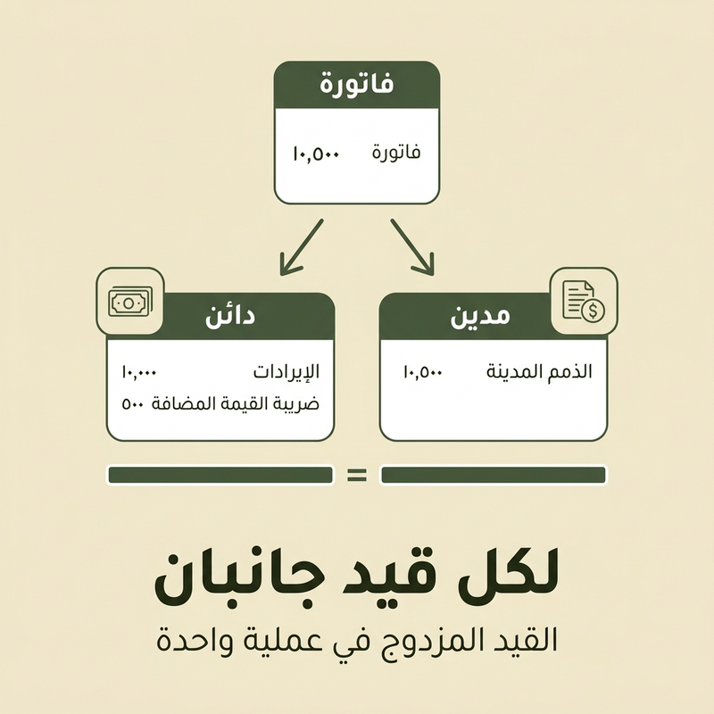 مثال على القيد المزدوج يوضح فاتورة واحدة كقيدين