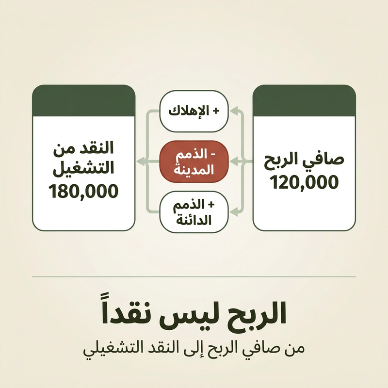 مثال على قائمة التدفقات النقدية: تحويل صافي الربح 120,000 إلى 180,000 من النقد التشغيلي