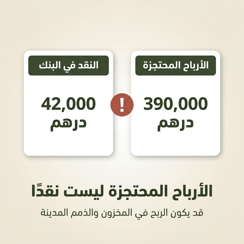 الأرباح المحتجزة ليست نقدية: 390,000 درهم أرباح محتجزة مقابل 42,000 درهم نقد في البنك