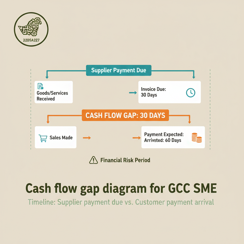 Cash flow gap diagram showing 30-day supplier payment deadline versus 60-day customer payment timeline for GCC SME businesses