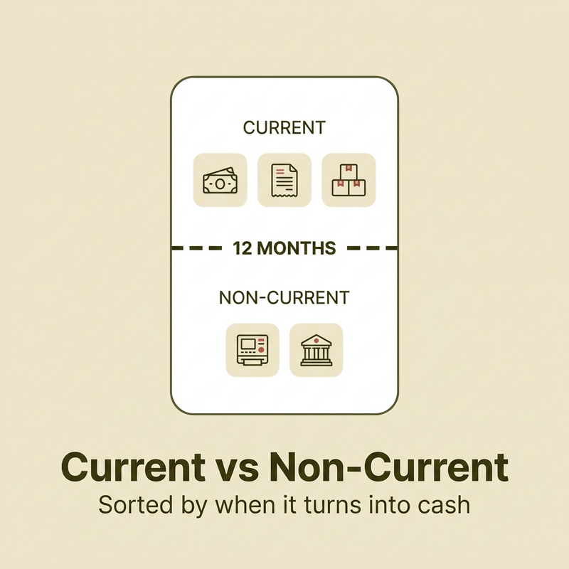 Current versus non-current assets and liabilities split by the twelve-month line on a balance sheet