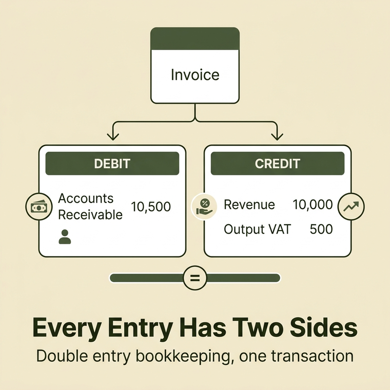 Double entry bookkeeping example showing one invoice as two entries
