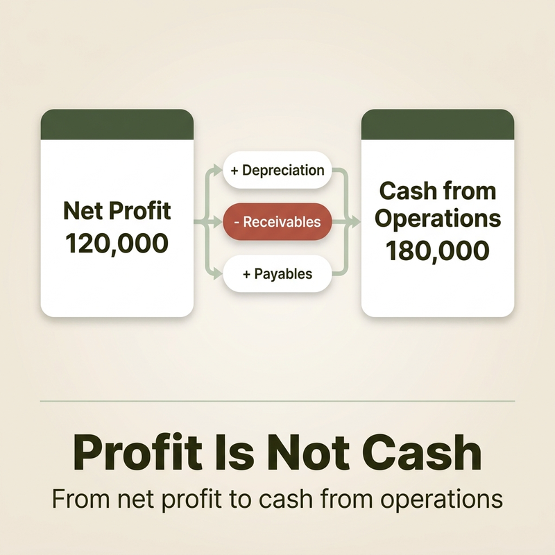 Cash flow statement example reconciling net profit of AED 120,000 to AED 180,000 cash from operations