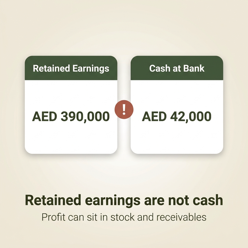 Retained earnings are not cash: AED 390,000 of retained earnings beside AED 42,000 of cash at bank
