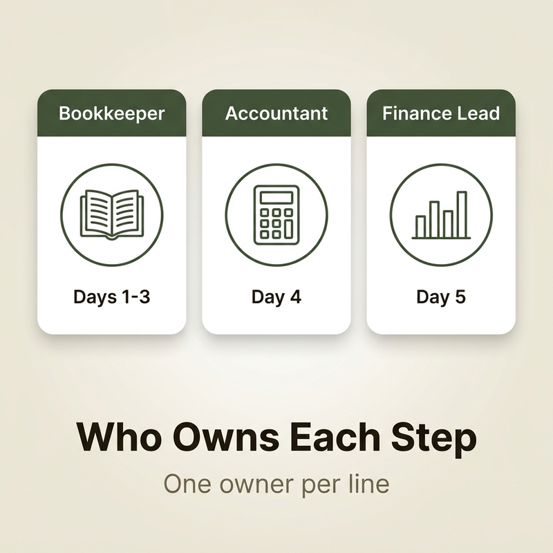 Month end close checklist owners: bookkeeper, accountant and finance lead by day