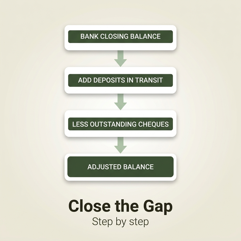 Bank reconciliation process from bank closing balance to adjusted balance