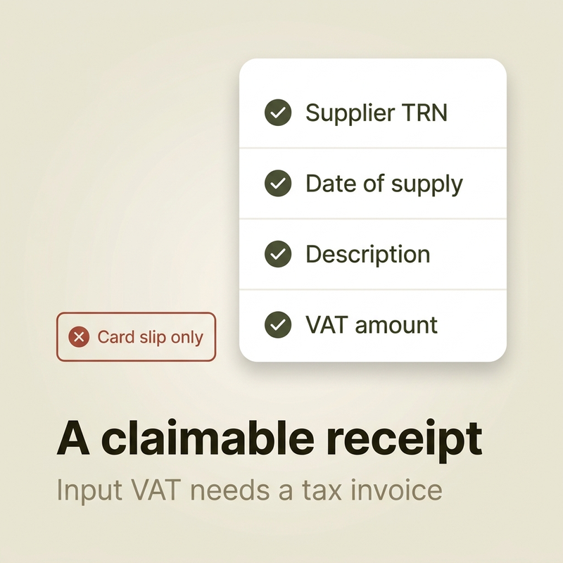 VAT reclaim receipts checklist: supplier TRN, date of supply, description, and VAT amount