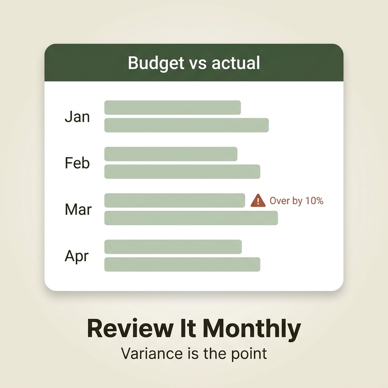 Budget vs actual variance review showing a monthly annual budget for small business