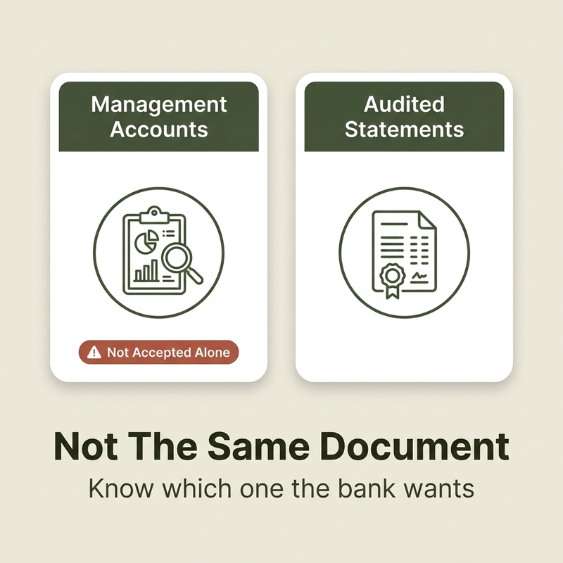 Two cards comparing Management Accounts and Audited Statements, a business loan financial requirements distinction lenders insist on