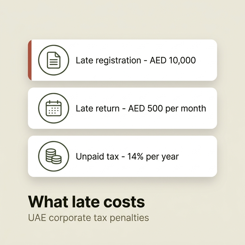 UAE corporate tax penalties for late registration, late returns and unpaid tax
