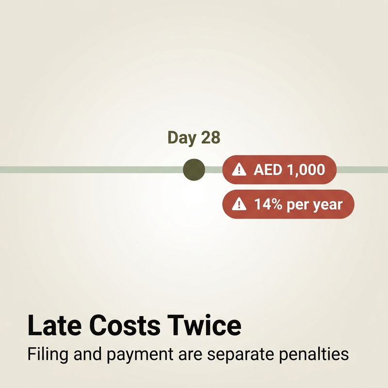 Penalties for late VAT return filing in the UAE: AED 1,000 for a late return and 14 percent per year on unpaid tax