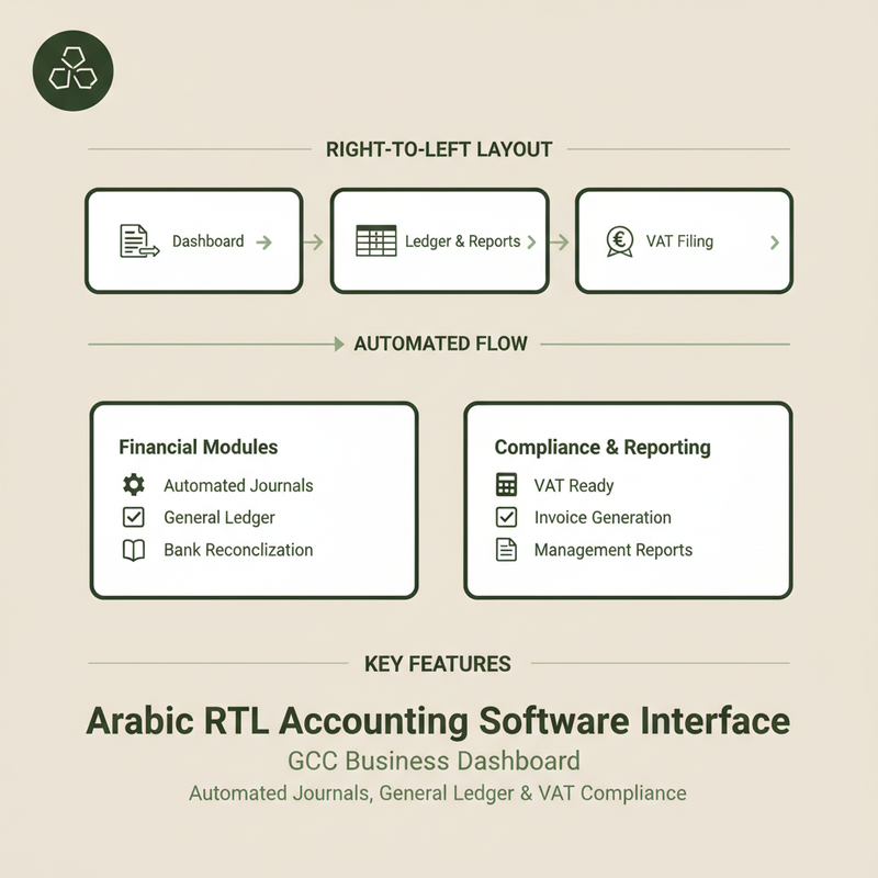 Arabic RTL accounting software interface showing a GCC business dashboard with right-to-left layout and Arabic text labels