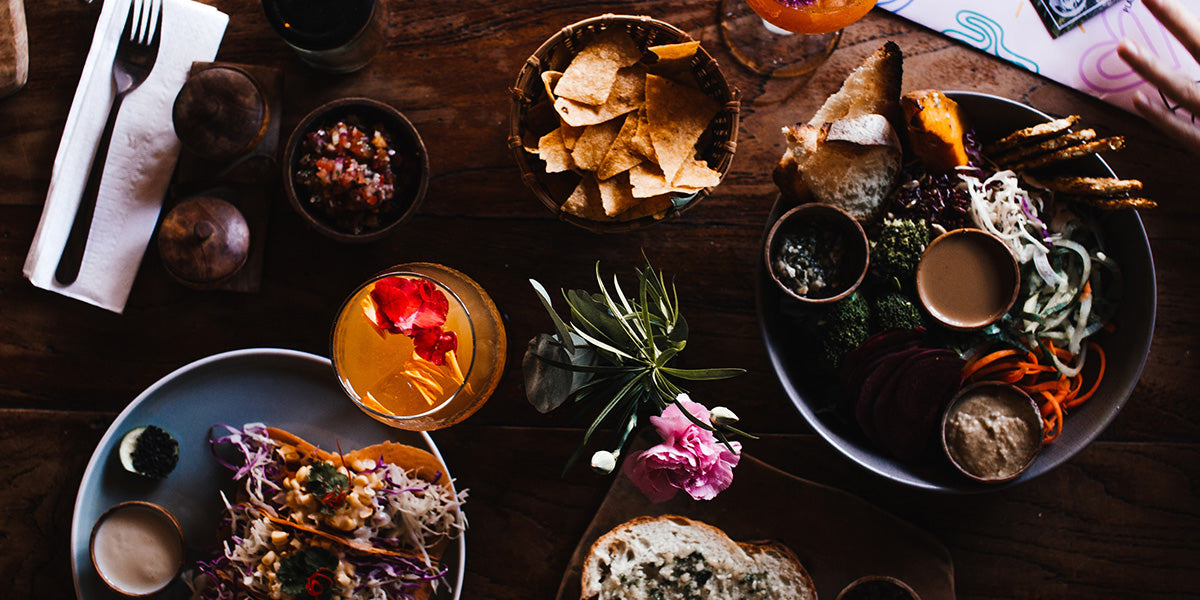 Various dishes with Dried edible flowers on the table