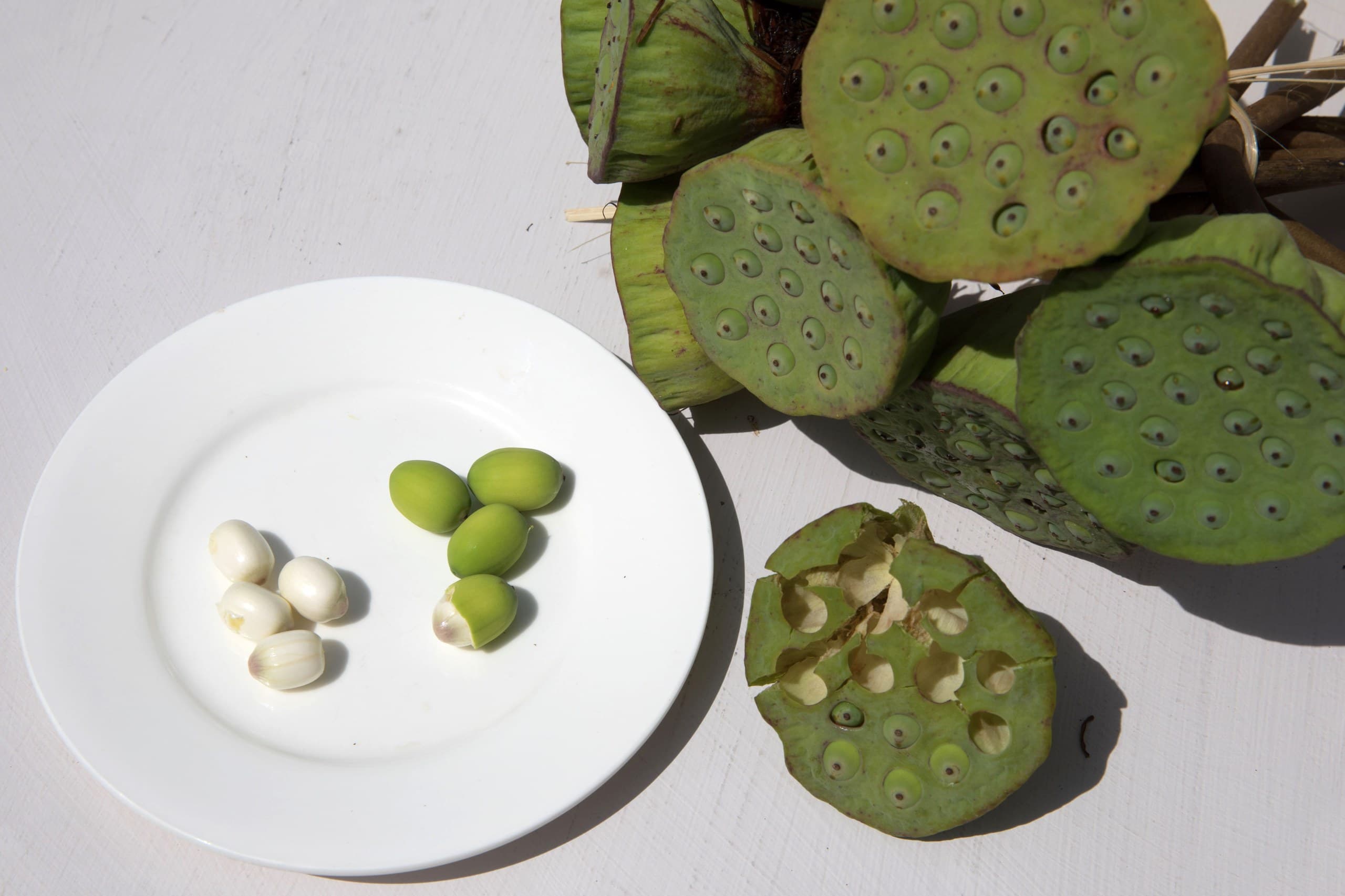 Fresh lotus seeds on a plate beside green lotus seed pods