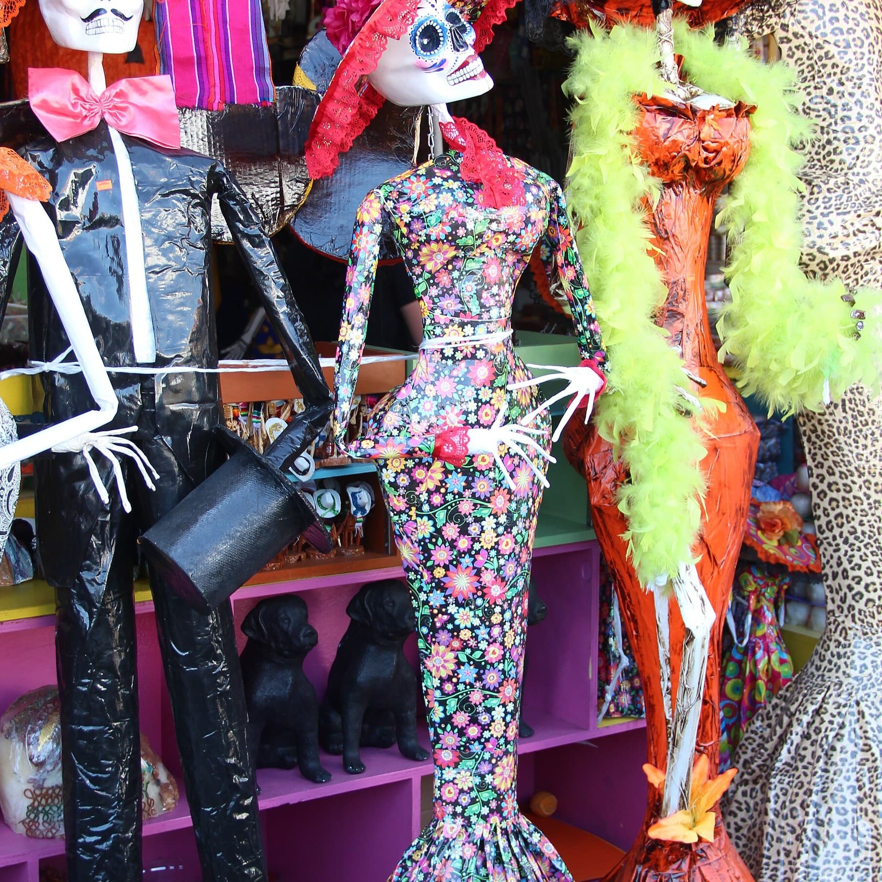 La Catrina skeleton figures at a Day of the Dead market in Tijuana