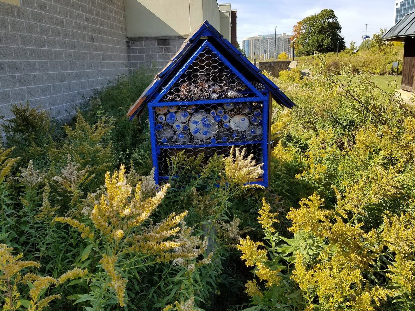 Bee hotel in a pollinator garden