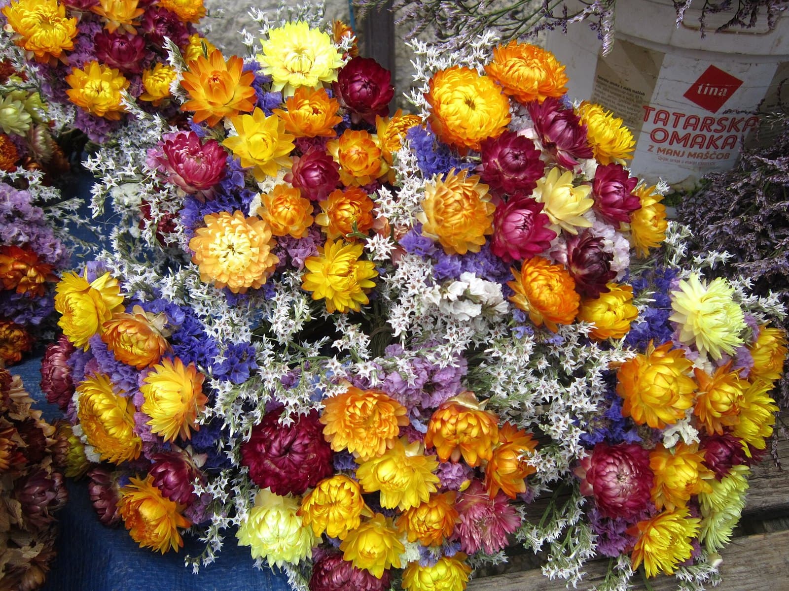 Colourful dried flower bouquets