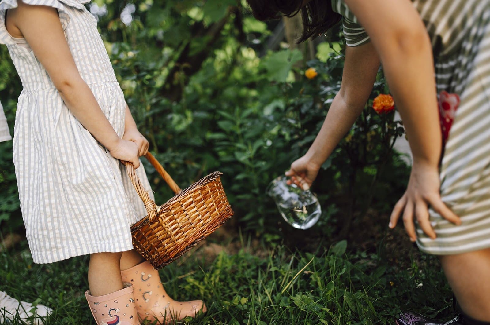 Children gardening with a basket