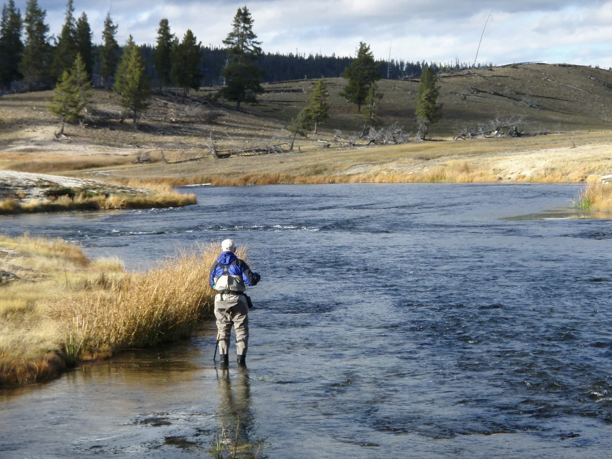 Fly fisherman wading in a river