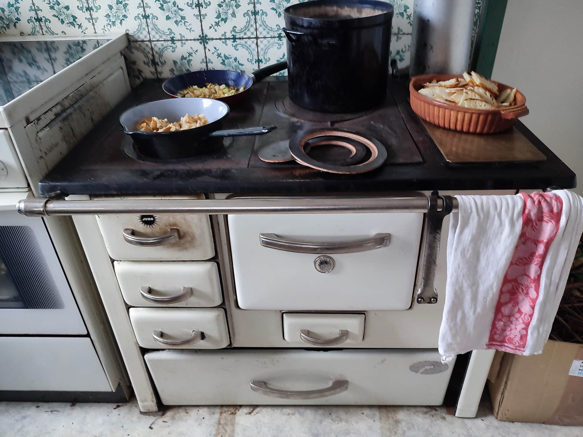 Frying pan on a wood-fired kitchen stove