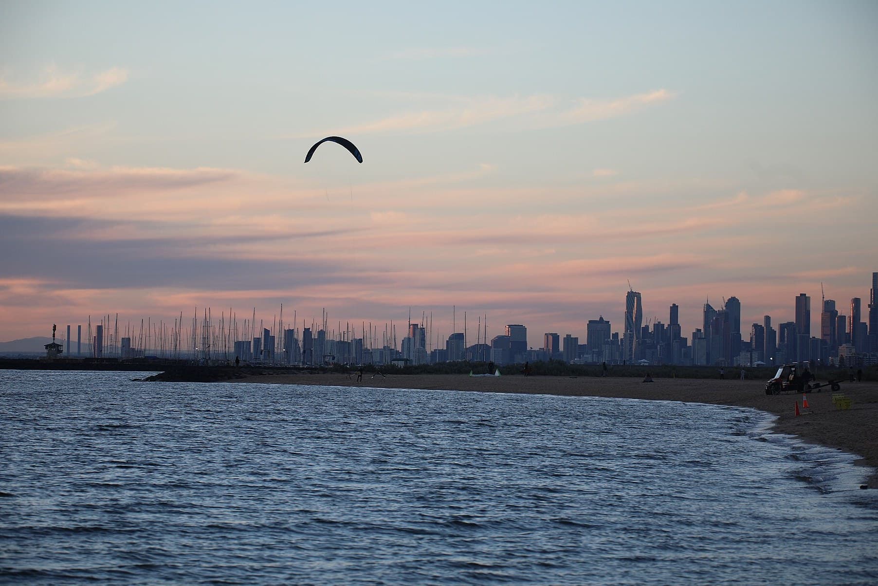 Melbourne skyline at sunset from St Kilda Beach