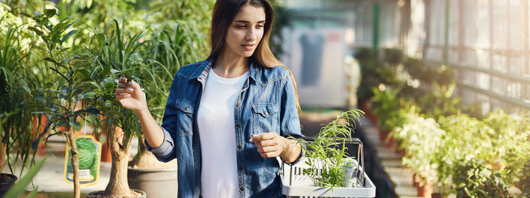 beautiful young woman wearing denim shopping for plants in a nursery