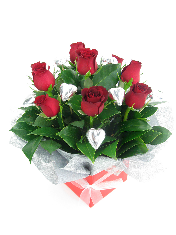 Rose arrangement with chocolates