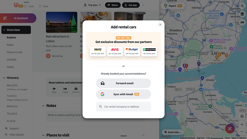 Wanderlog car rental import
