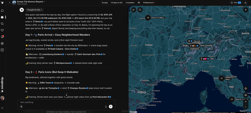 mindtrip europe travel plan