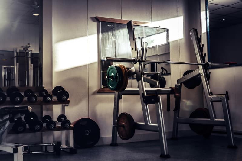 Barbell on a squat rack in a gym beside a dumbbell rack, lit by a beam of sunlight.