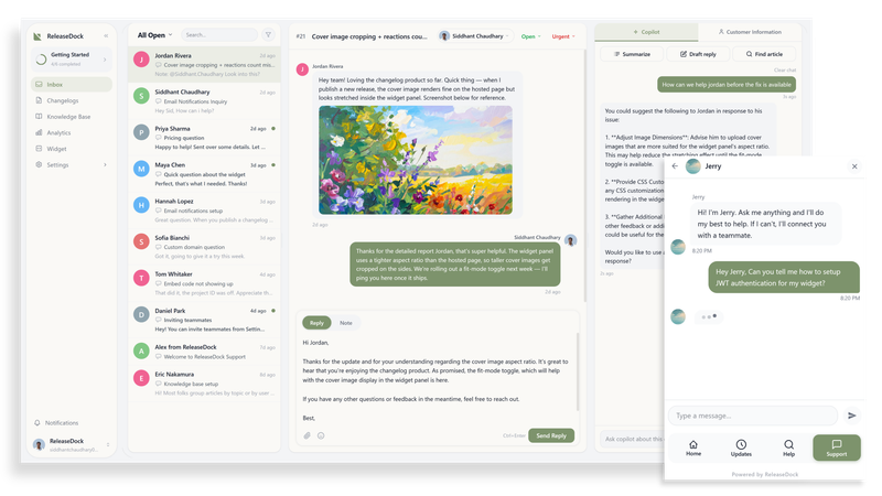 Image of the ReleaseDock widget showing the AI agent answering a question