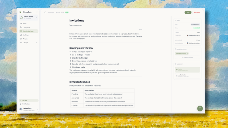 Image of a ReleaseDock knowledge base article in the BlockNote editor