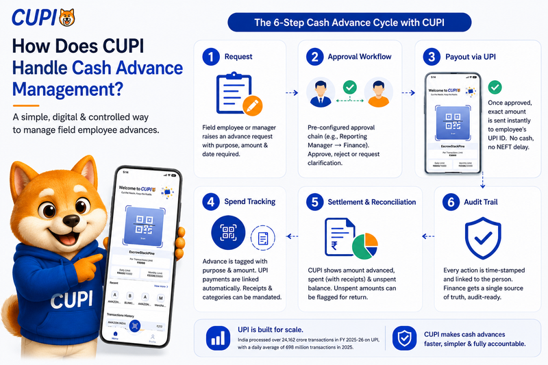 CUPI infographic showing a six-step cash advance process for field employees, from request and approval to UPI payout, spend tracking, reconciliation, and audit trail.