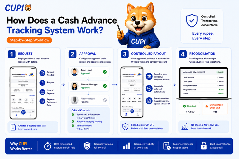 CUPI infographic showing a four-step cash advance workflow: request, approval, controlled payout, and reconciliation.