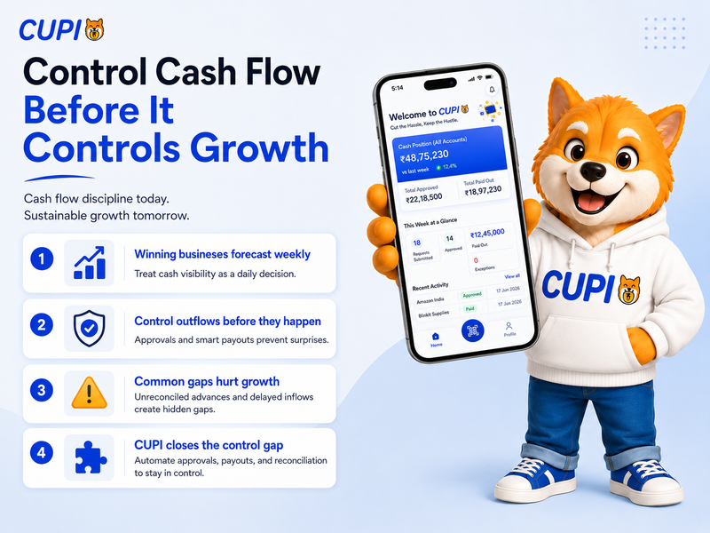 CUPI mascot holding a mobile app dashboard beside the headline “Control Cash Flow Before It Controls Growth,” highlighting cash flow visibility, payout approvals, and automated reconciliation for growing businesses.
