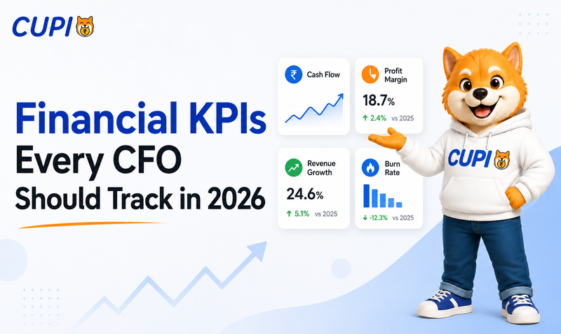 CUPI mascot presenting key financial KPI cards for CFOs, including cash flow, profit margin, revenue growth, and burn rate.