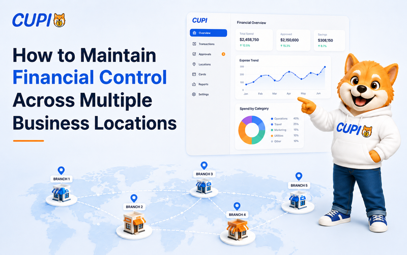CUPI mascot pointing at a financial dashboard with connected branch locations on a map, representing financial control across multiple business locations.