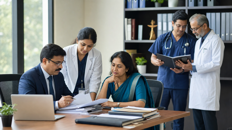 Doctors consulting with a patient's family member in a hospital office